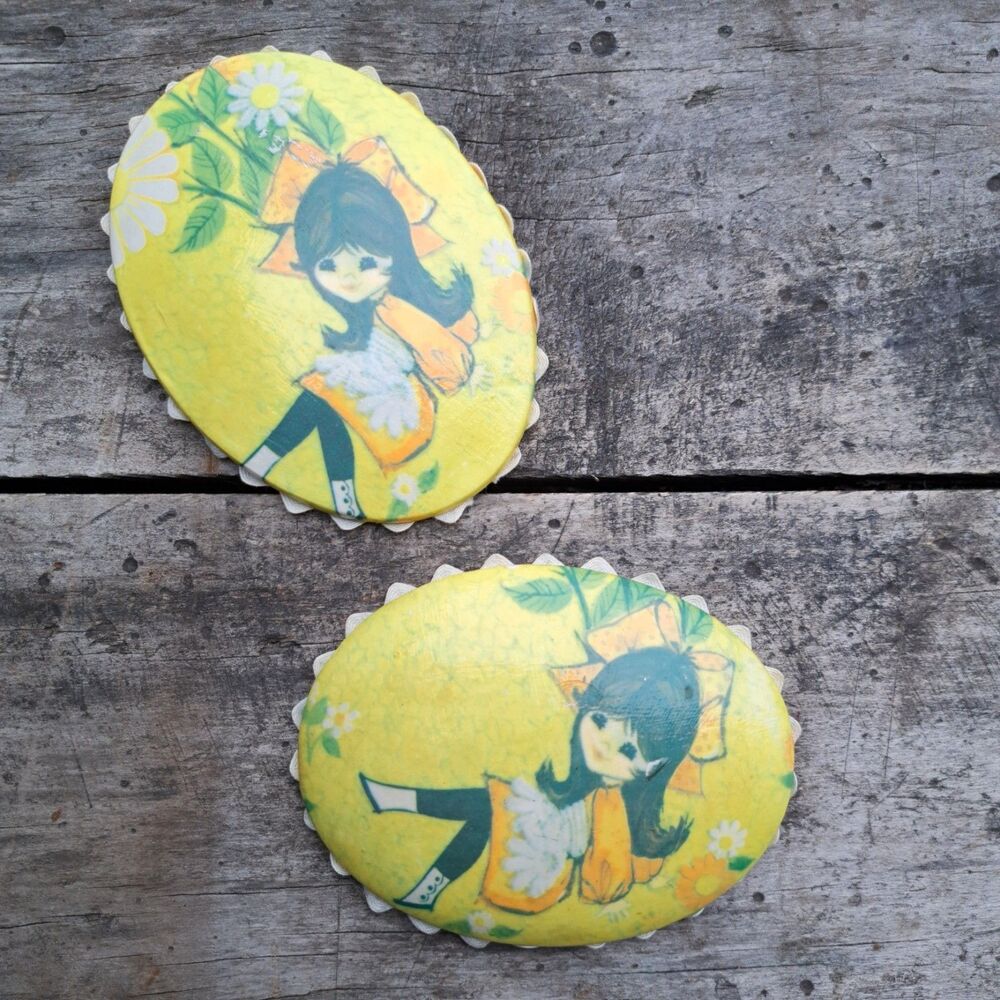 Vintage Set Of 2 1970's Mod Fashion Doll Yellow Wall Decor Kitschy 2pc Girl